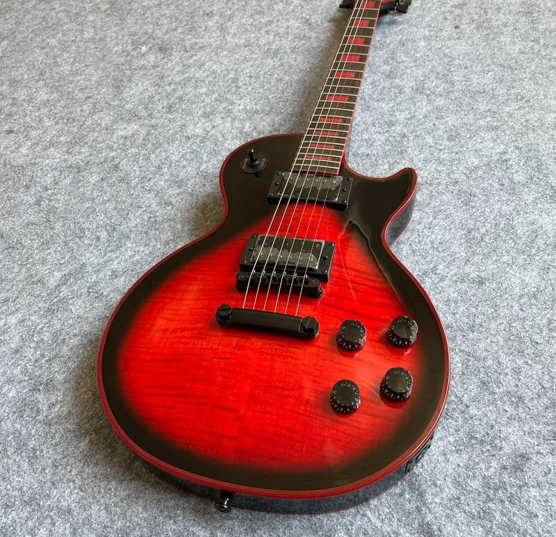Red/Black Burst Solid Body Electric Guitar, EMG Pickups, Red Binding, LP Single