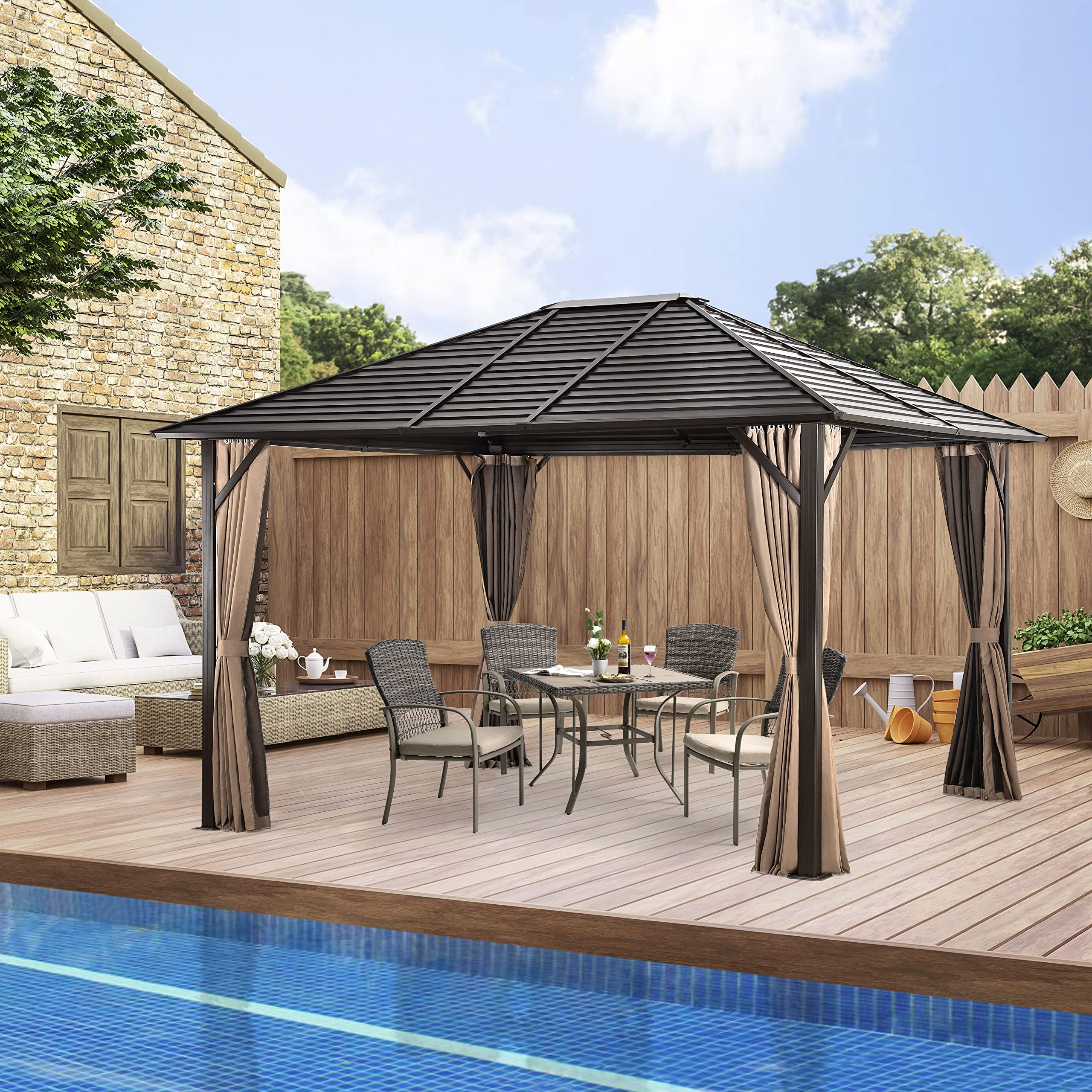 Patio Hardtop Gazebo with Fully Enclosed Zip Curtains