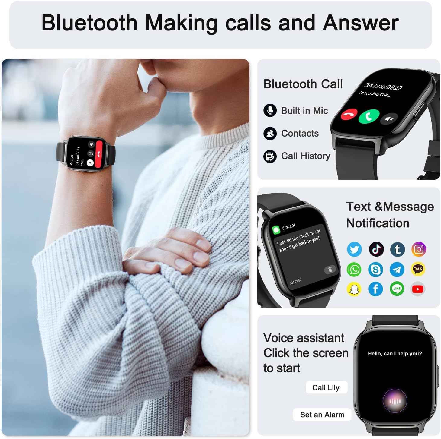 Smart Watch for Men Women Fitness: Make/Answer Call Smart Watches for Men Digital Mens Watches Running Waterproof Smartwatch Android Phones iPhone Samsung Compatible Heart Rate Monitor Step Tracker