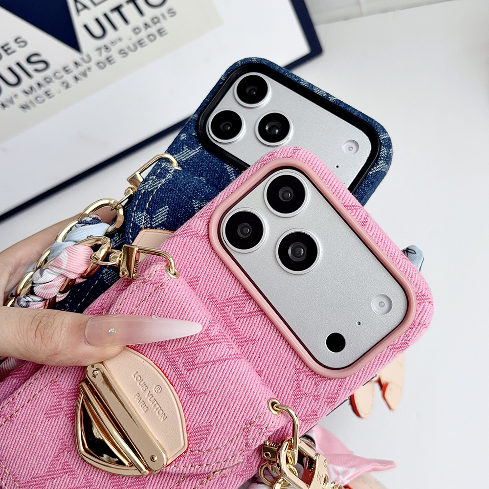 LV Monogram Denim Card Holder Phone Case With Chain Wrist Strap Vivienne Flower Charm