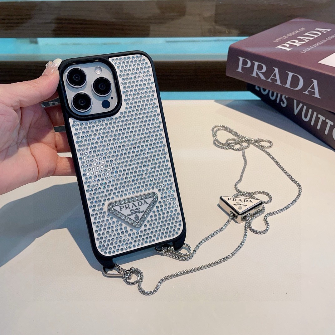 Prada Style Full Diamond Glitter Phone Case With Crossbody Chain Strap