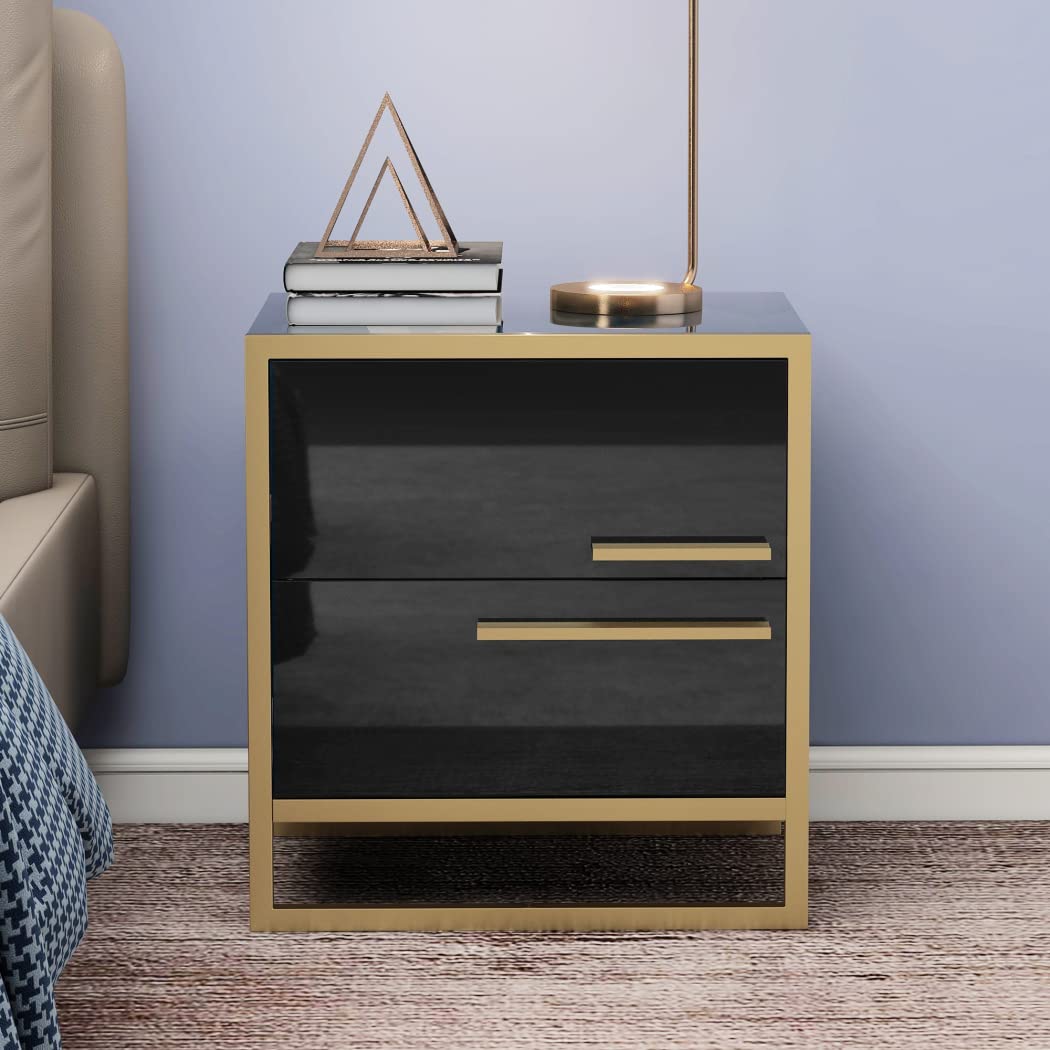 Nightstand with 2 Storage Drawers, Bedside Table with Gold Legs
