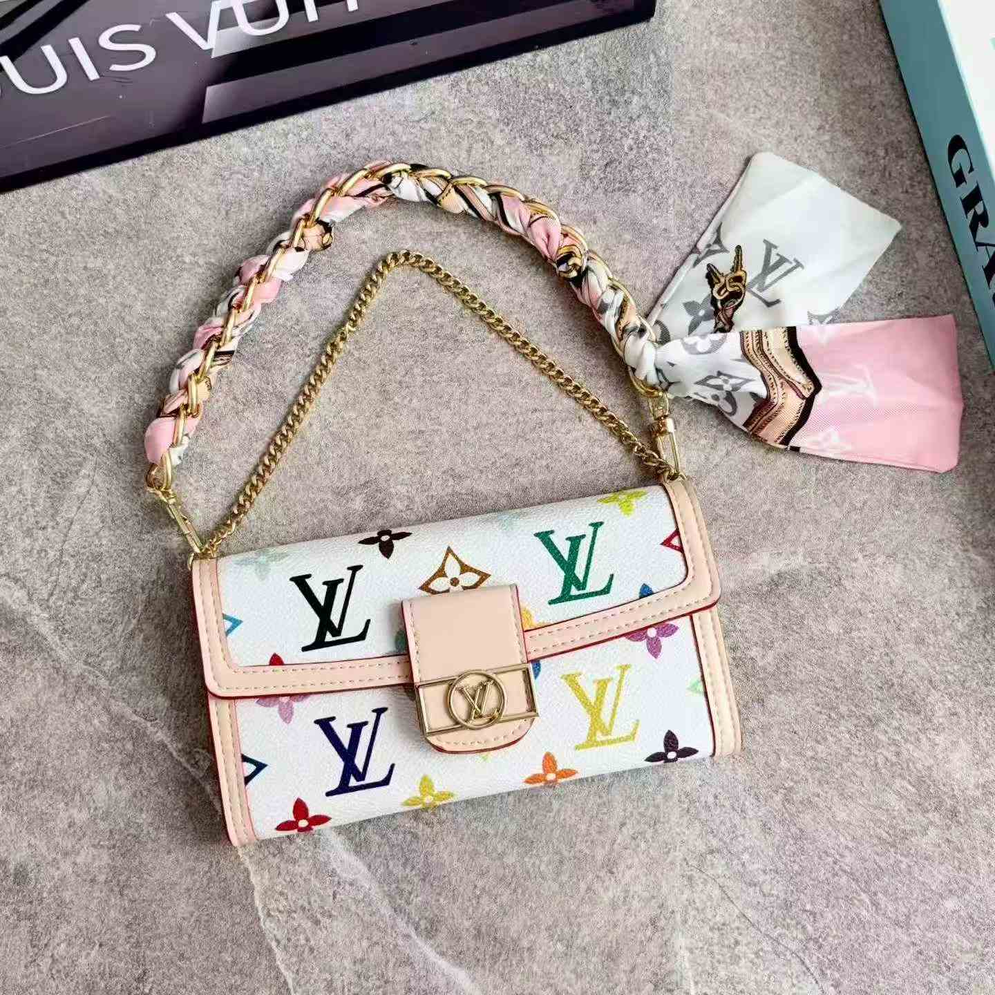 LV Monogram Baguette Shoulder Bag Mini Flap Handbag With Silk Scarf Chain Strap