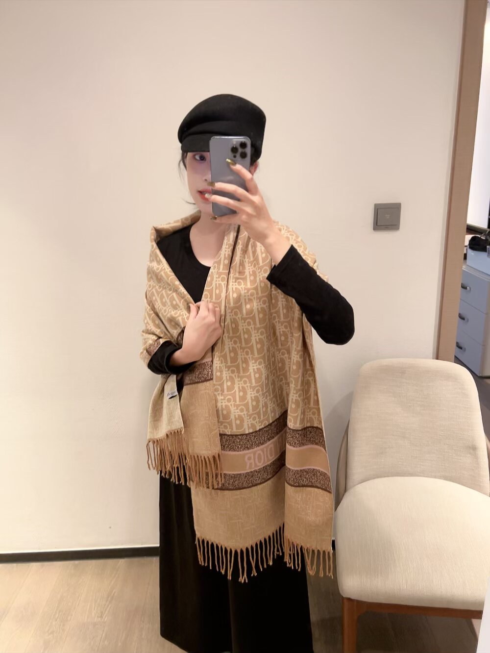 Dior Logo Stripe Cashmere Scarf Beige 65 x 200 cm product images