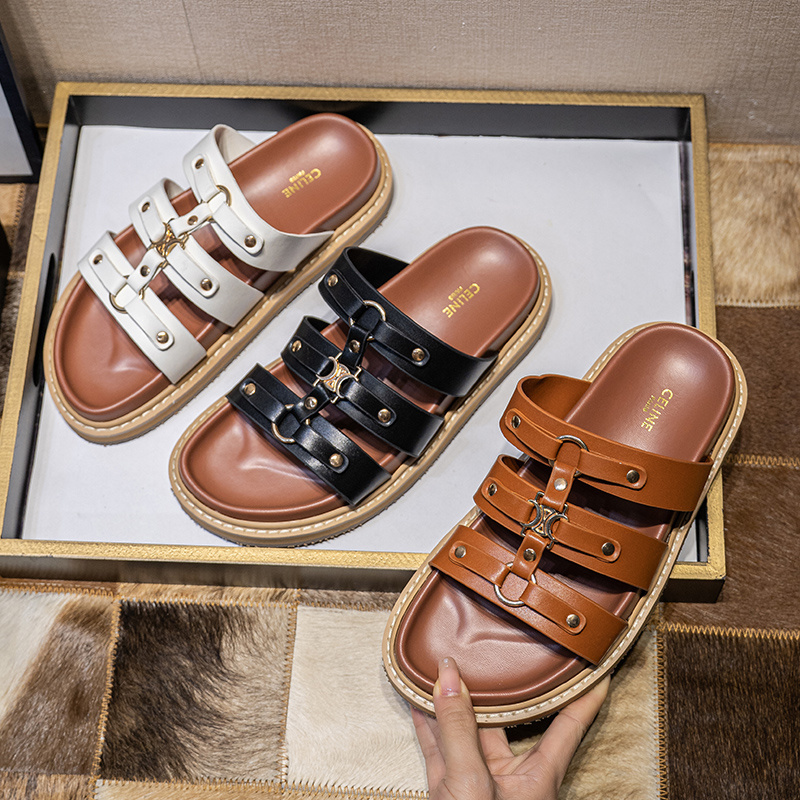 Celine Triomphe Leather Strap Sandals