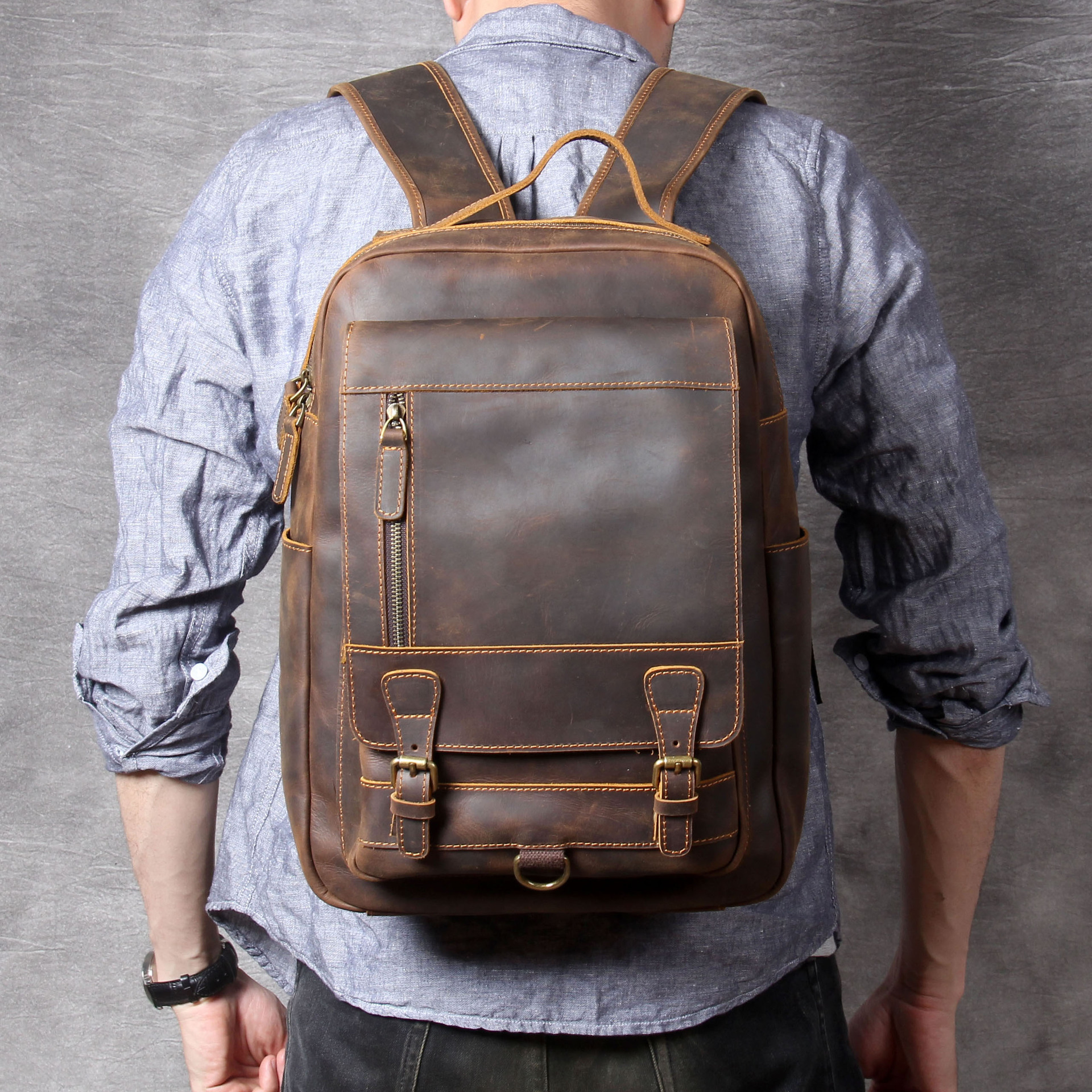 Vintage Full-Grain Leather Laptop Backpack - Organized Utility for the Modern Professional
