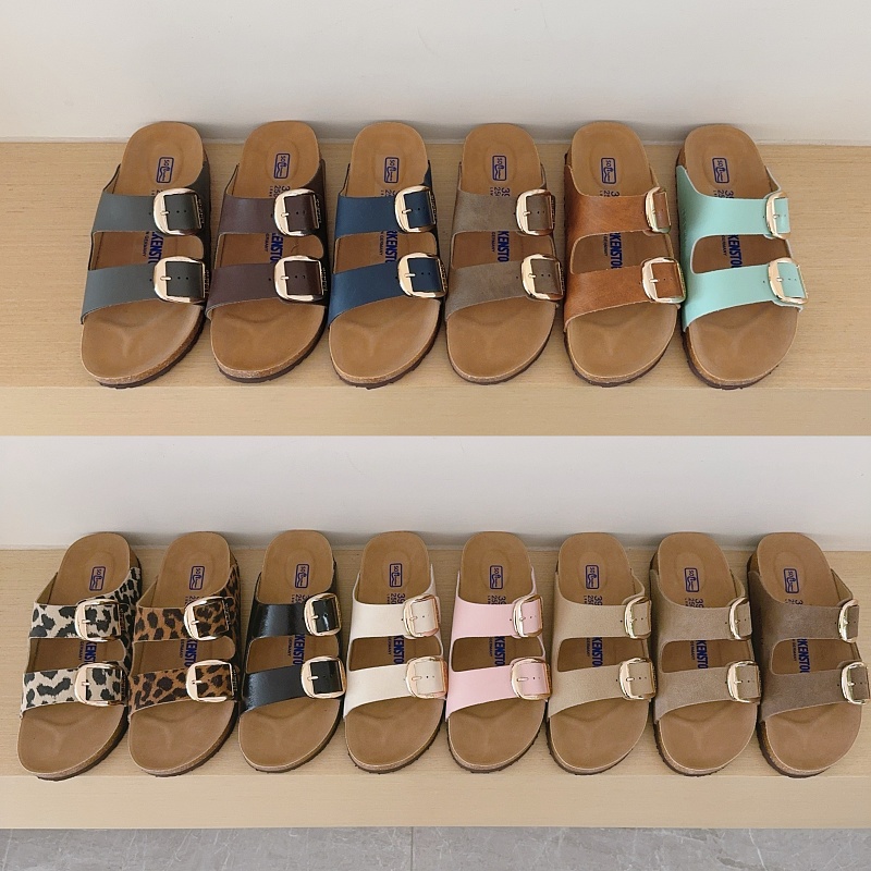 Round Gold Buckle Birken-Style Two-Strap Sandals