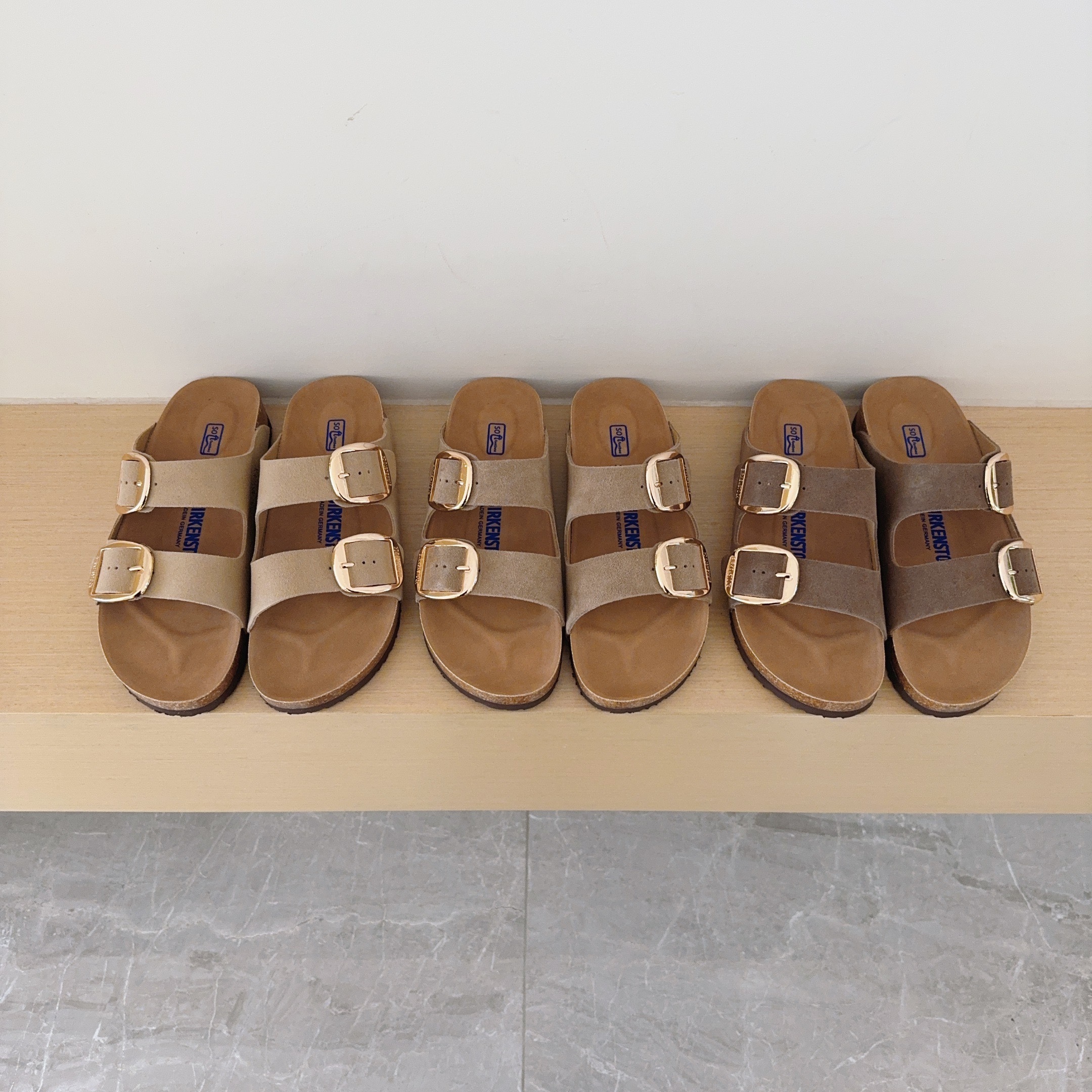 Round Gold Buckle Birken-Style Two-Strap Sandals