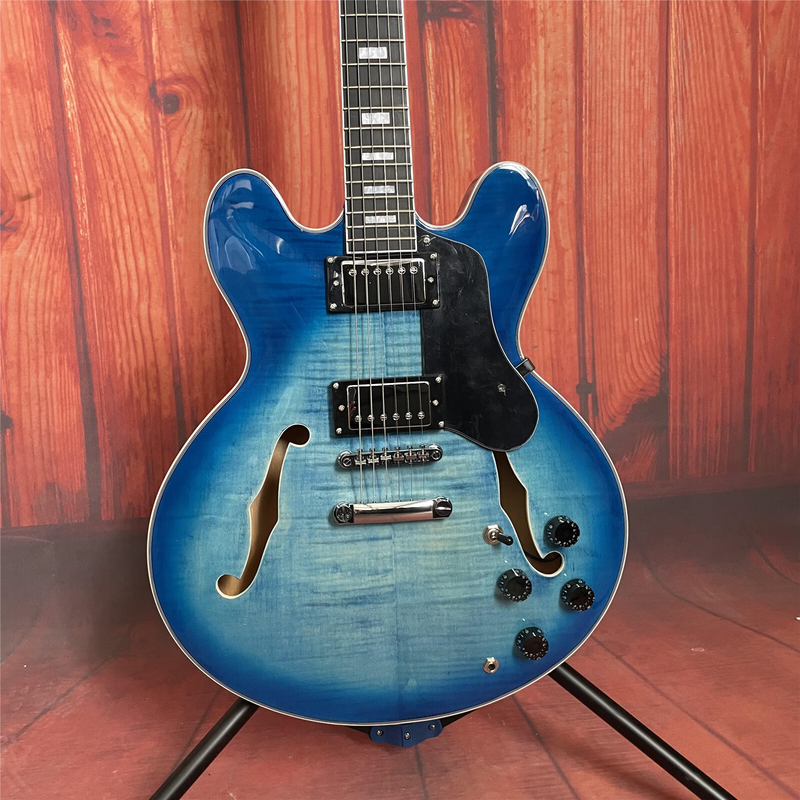 6 String Blue Semi Hollow Body Electric Guitar Mahogany Body Chrome Hardware Top