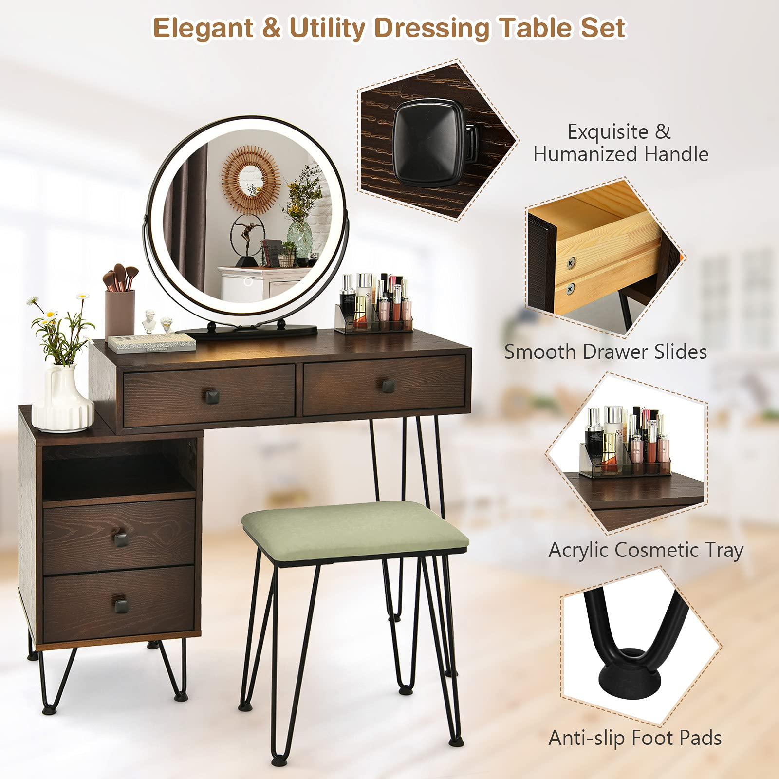 Vanity Set with 3 Colors Lighted Mirror