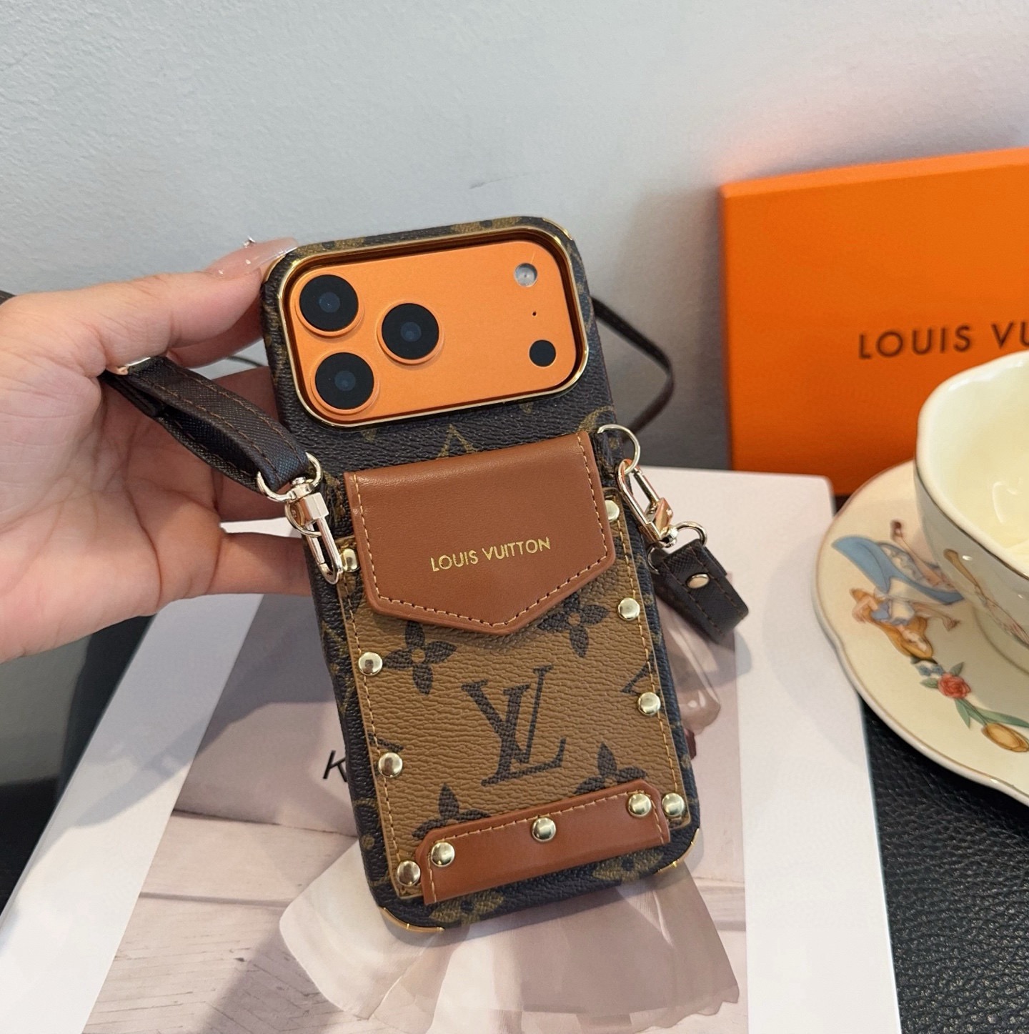 Louis Vuitton Style Monogram Card Holder Crossbody Phone Case With Rivet Detail