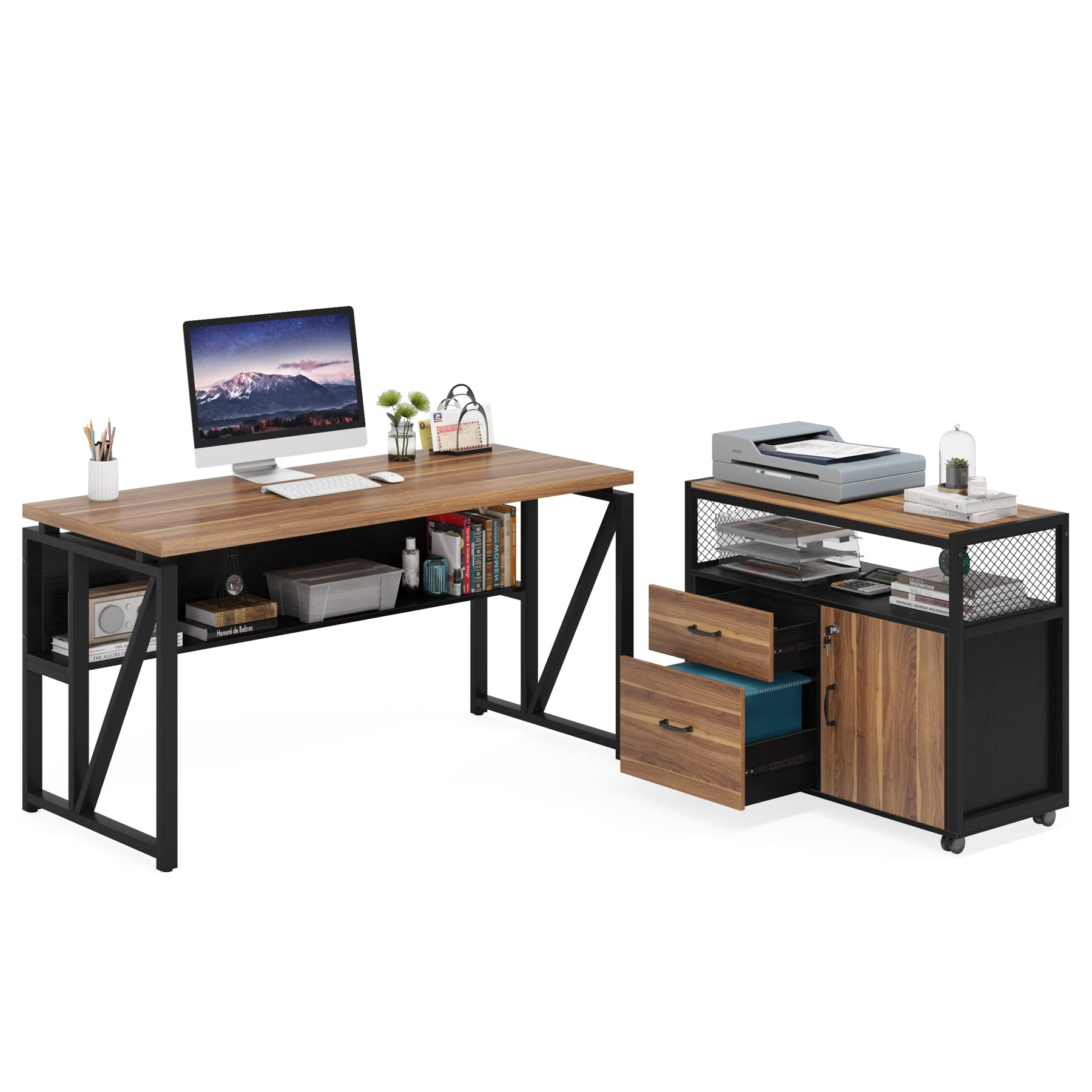 L Shaped Desk with Drawer Cabinet