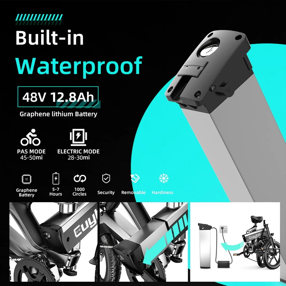 EUY 20in Folding Electric Bike, 500W, 48V 12.8Ah, Black