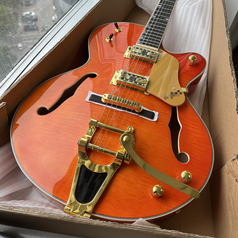 Jazz Orange Electric Guitar Gold Pickguard Hollow Body Gold Hardware