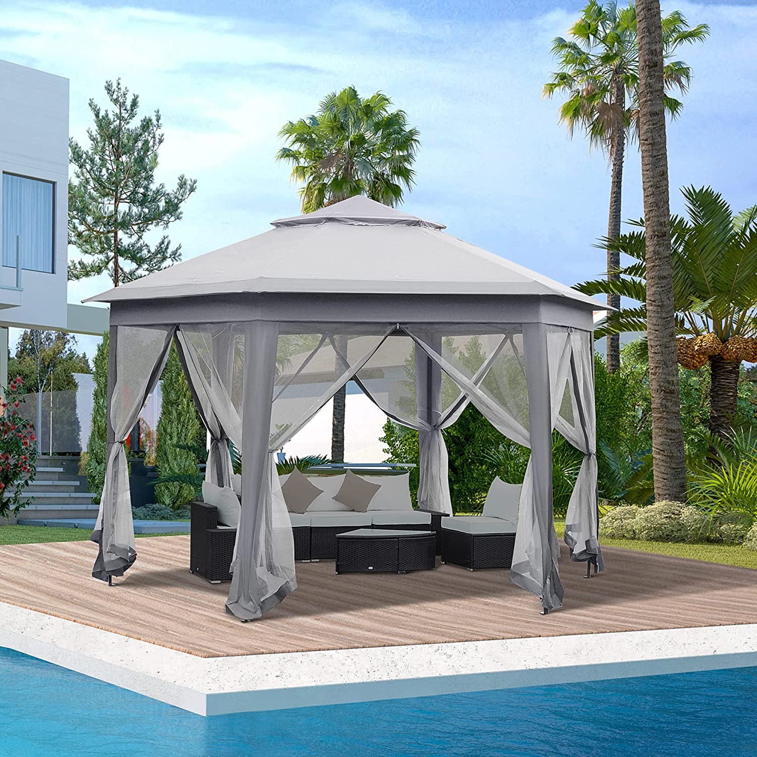 13' x 13' Pop-Up Double Roof Six-Sided Pavilion with Sheltering