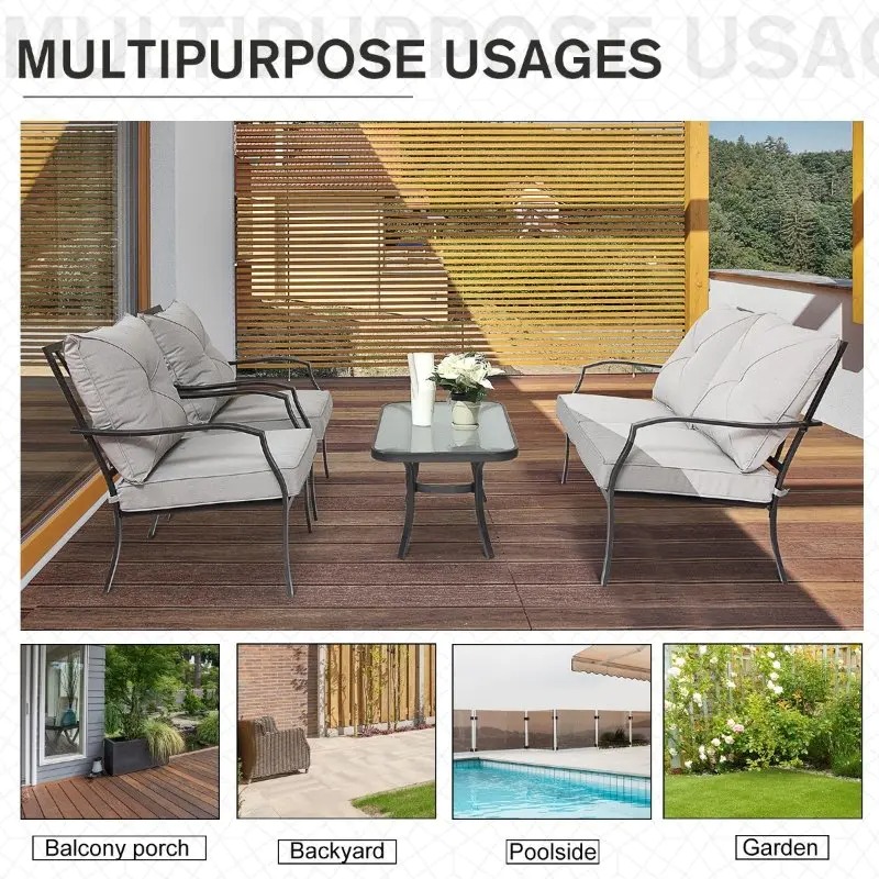 Outsunny 4 Pcs Metal Frame Garden Chatting Set w Sofa 2 Chairs
