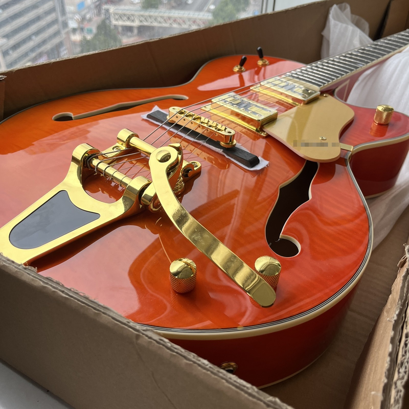 Jazz Orange Electric Guitar Gold Pickguard Hollow Body Gold Hardware