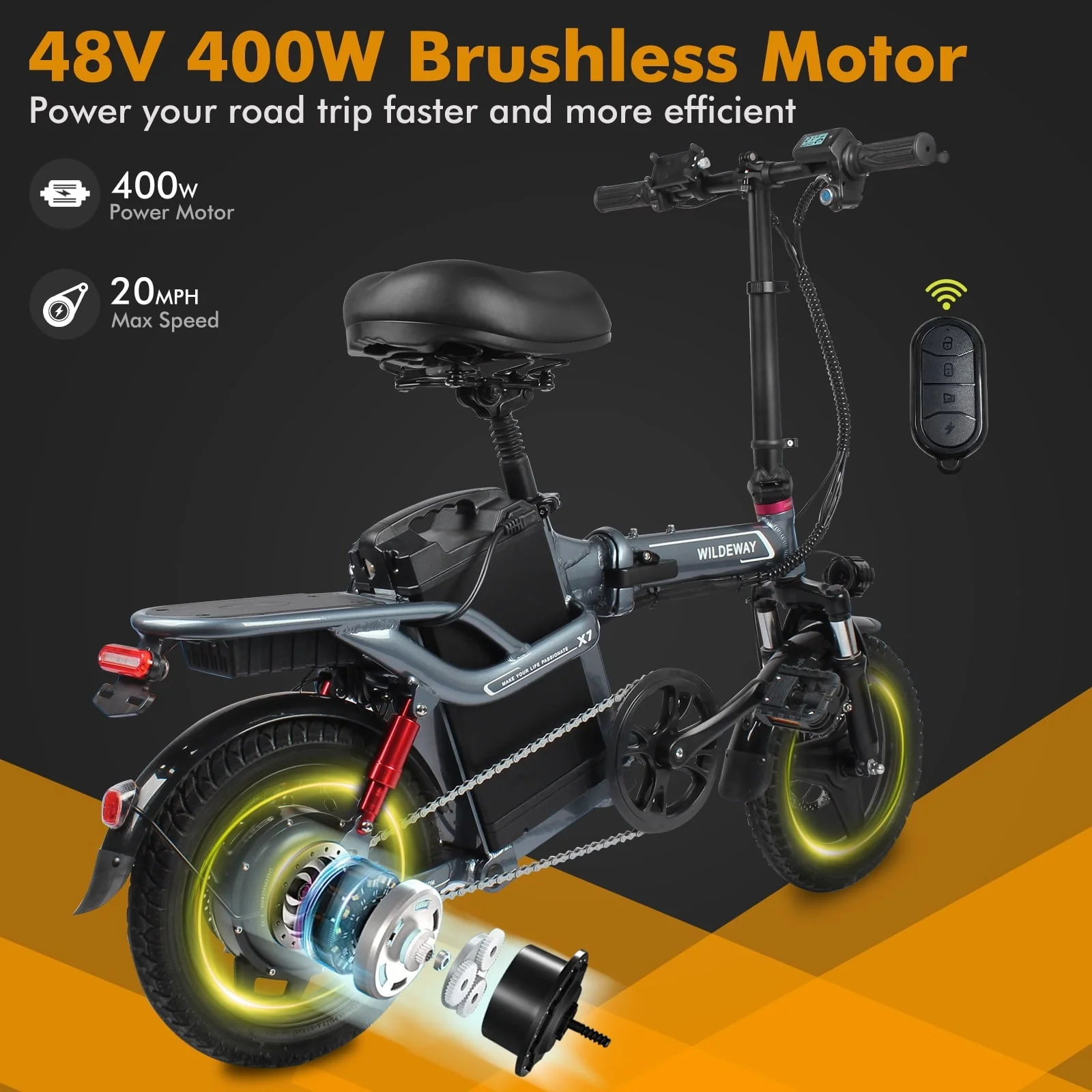 Wildeway 14in Folding Electric Commuter Bike, 400W, 48V 20Ah