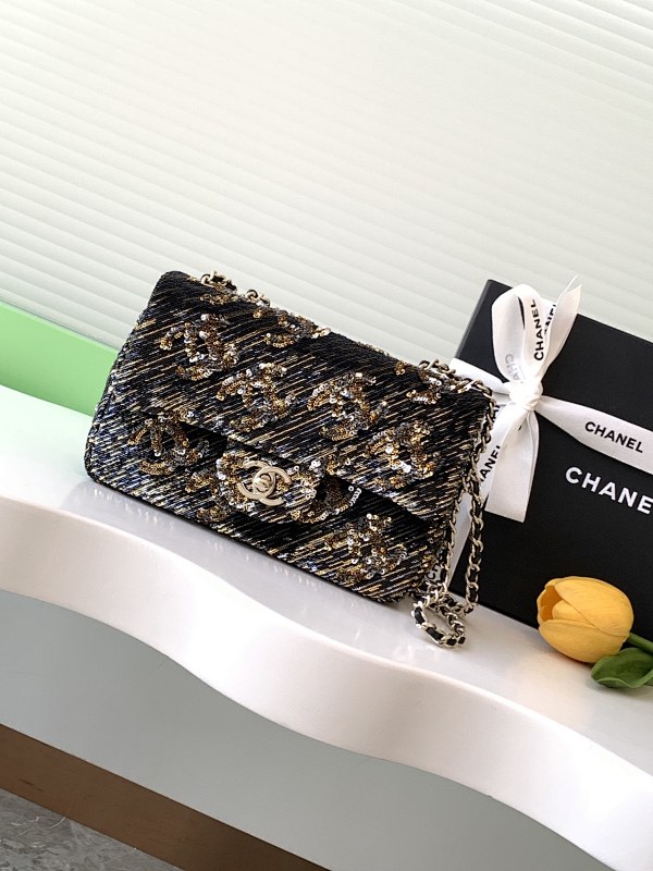 Chanel Tweed Flap Bag Black Gold Mini