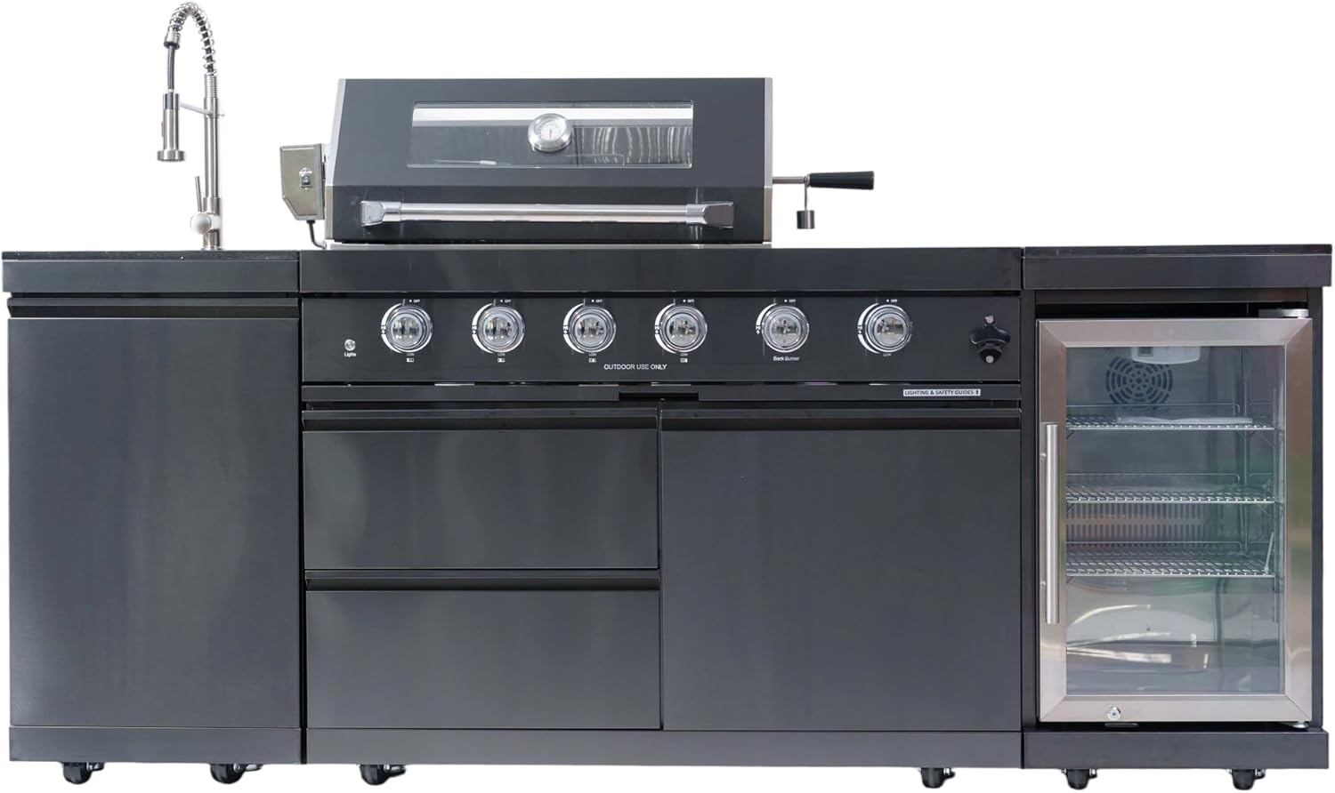 46-Inch 4-Burner 72000 BTU Deluxe Stainless Steel Gas Outdoor Kitchen Bar Barbecue Island Grill, Wine Cooler Compact Refrigerator, Rotisserie, Granite Countertops, Stainless steel Sink,Black