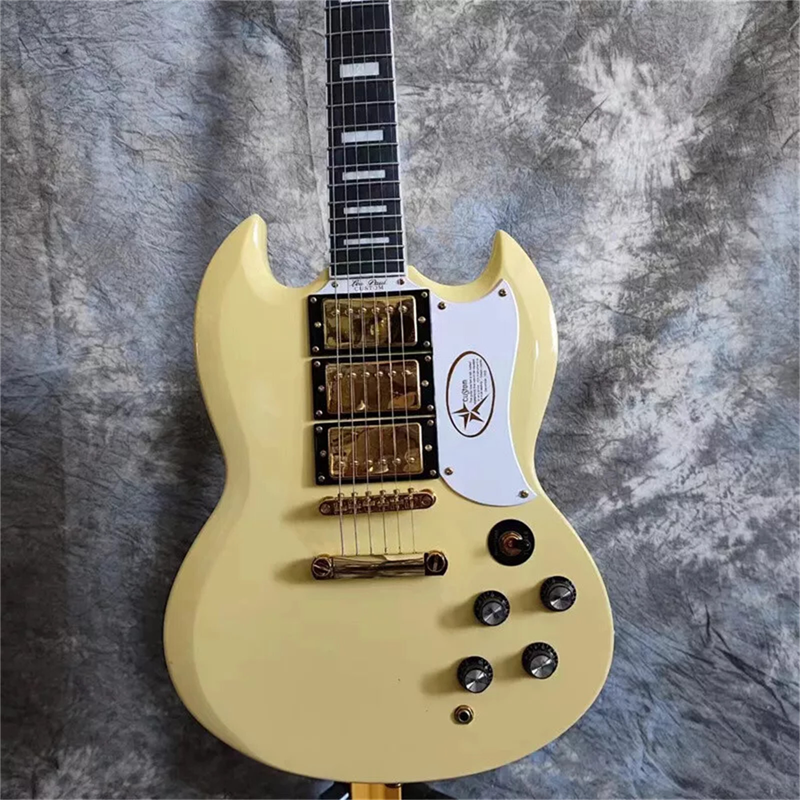 Cream 6 String SG Electric Guitar H-H-H Pickups Solid Body Gold Hardware
