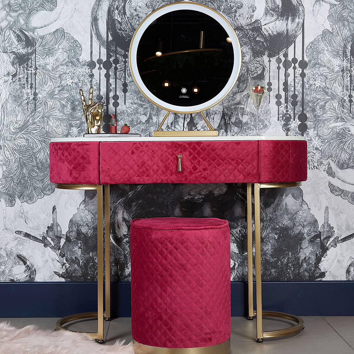 Velvet Dressing Table with LED Light Mirror Touch Sensor