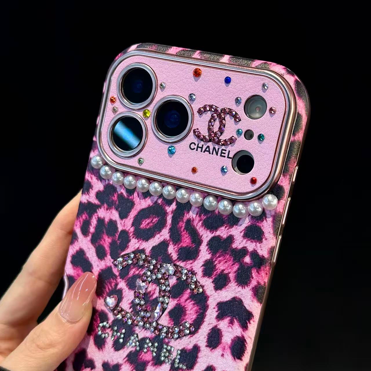 Leopard Print Rhinestone CC Logo Pearl Trim Luxury Shockproof iPhone Case With Crystal Wrist Chain