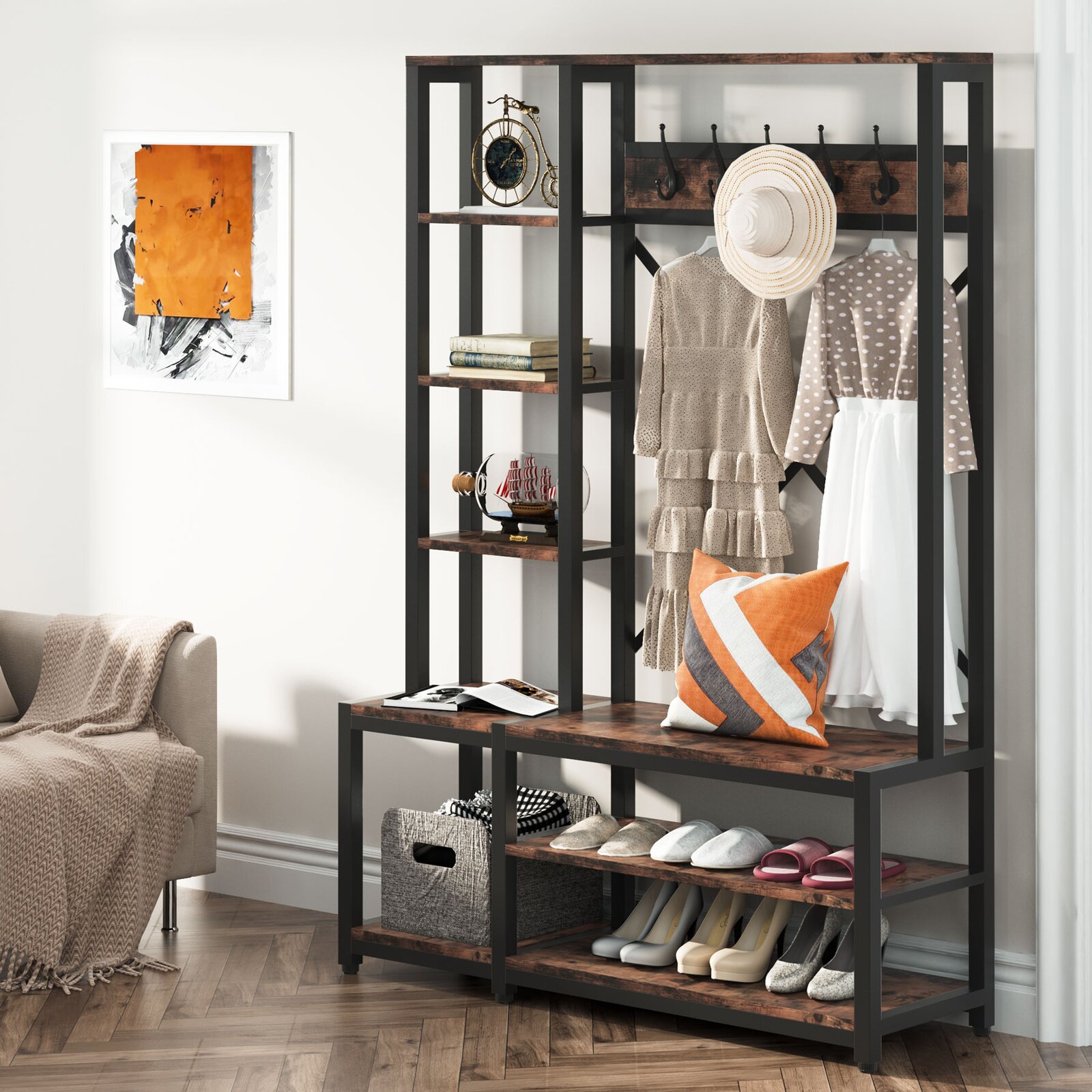 Emelyne 47.2'' Wide Iron Hall Tree with Bench and Shoe Storage