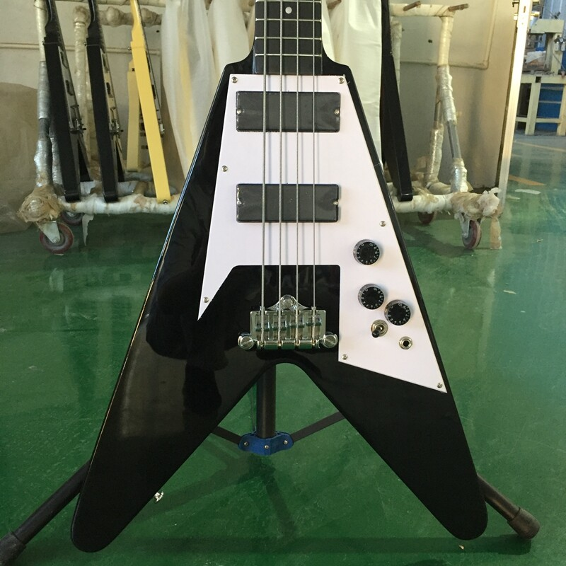 Black Flying V Electric Bass Guitar Solid Body HPL Fretboard HH Pickups 21 Frets