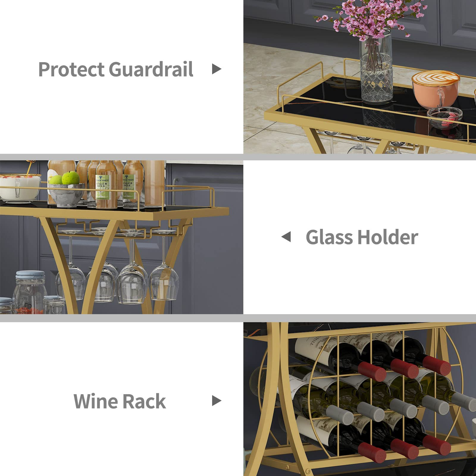 Bar Serving Cart with Glass Holder and Wine Rack