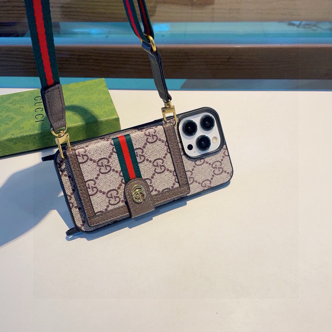 Gucci P60 Original Leather Card Holder Phone Case | 2-in-1 Lanyard Hole for Crossbody Strap