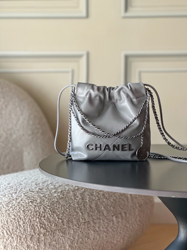 Chanel Drawstring Logo Bag Silver