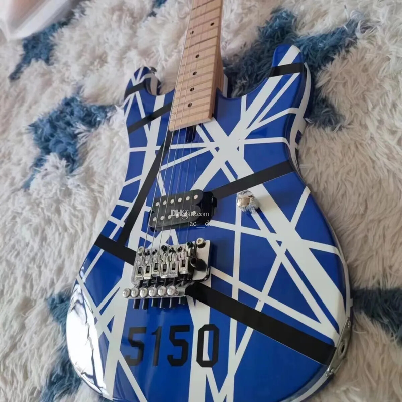 Blue Electric Guitar Black White Stripes,Floyd Rose Tremolo Bridge Locking Nut