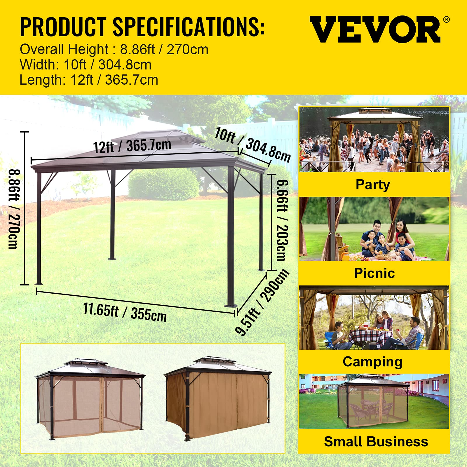 Hard Top Gazebo 10' x 12' with Netting - Metal Gazebo