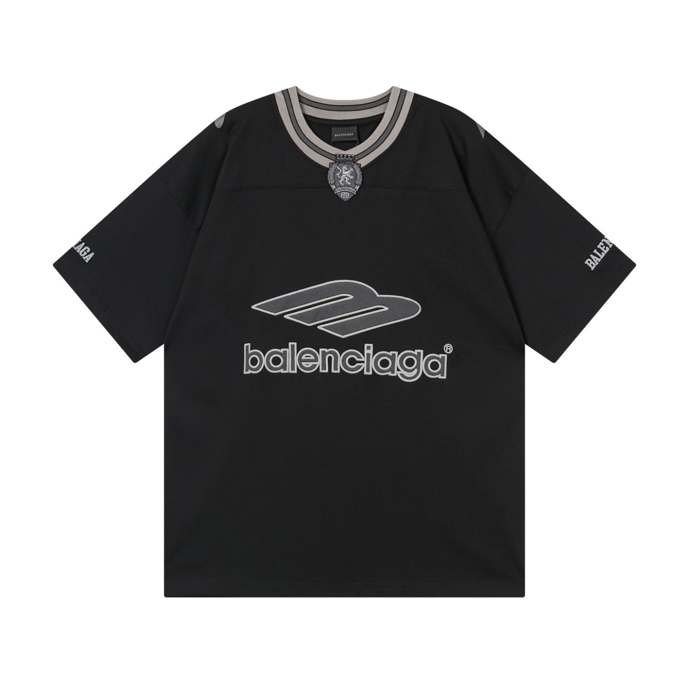 Balenciaga 3B Silhouette Ribbed V-neck Printed T-shirt Black/Dark Blue/Gray