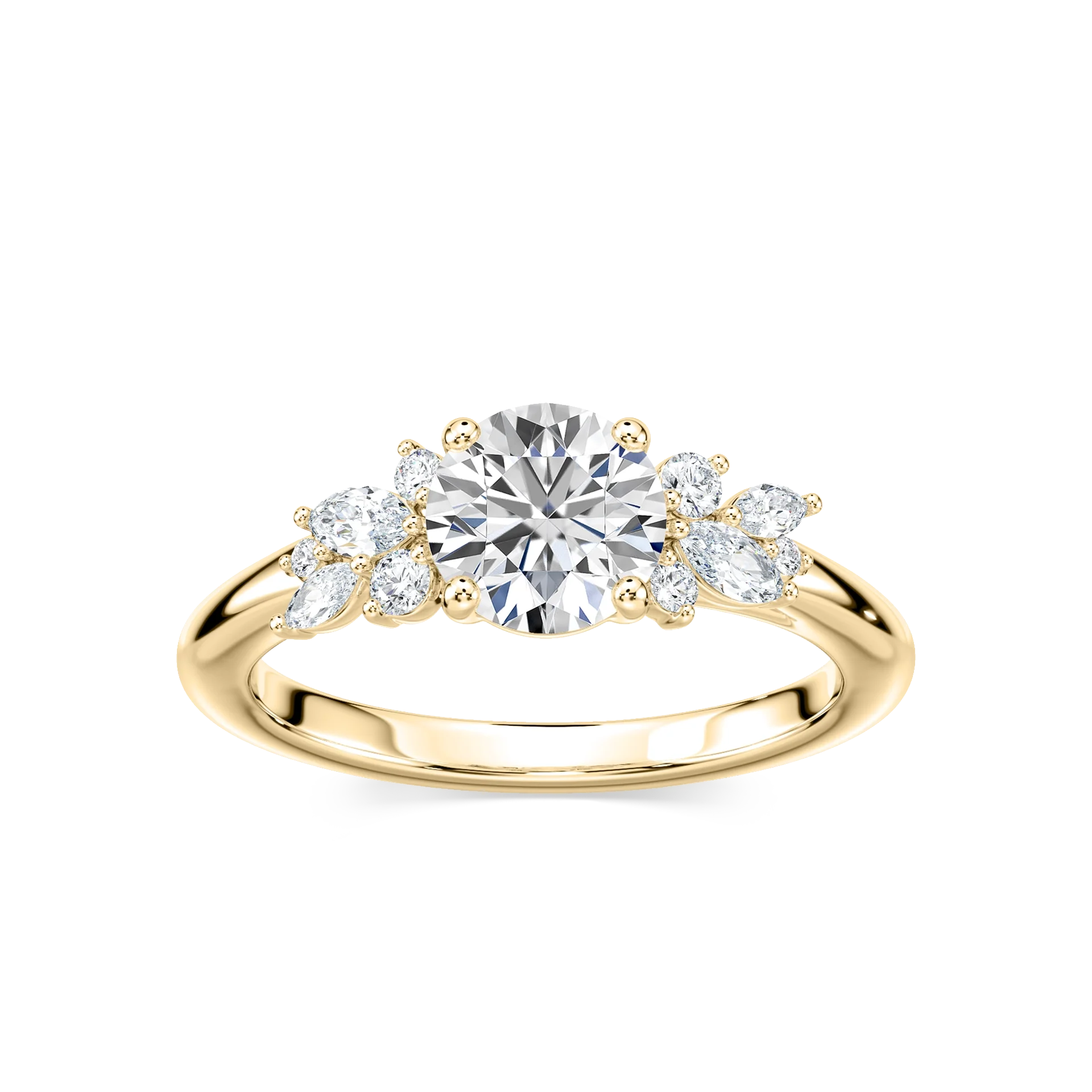 Clover Round Lab Grown Diamond Flower Petal Side Stone Engagement Ring
