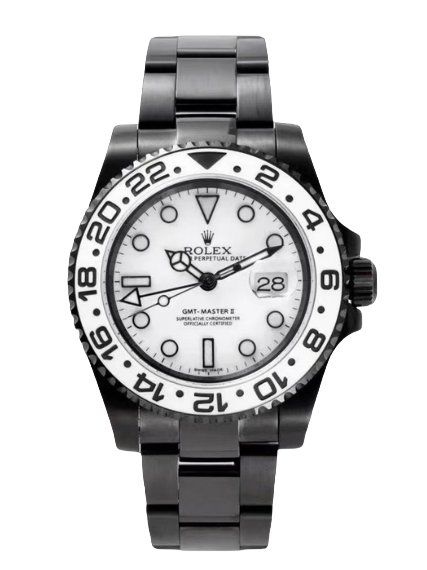 【Super Clone】Rolex GMT Master II Black PVD/DLC Coated White Dial Stainless Steel 16710 Men's Watch