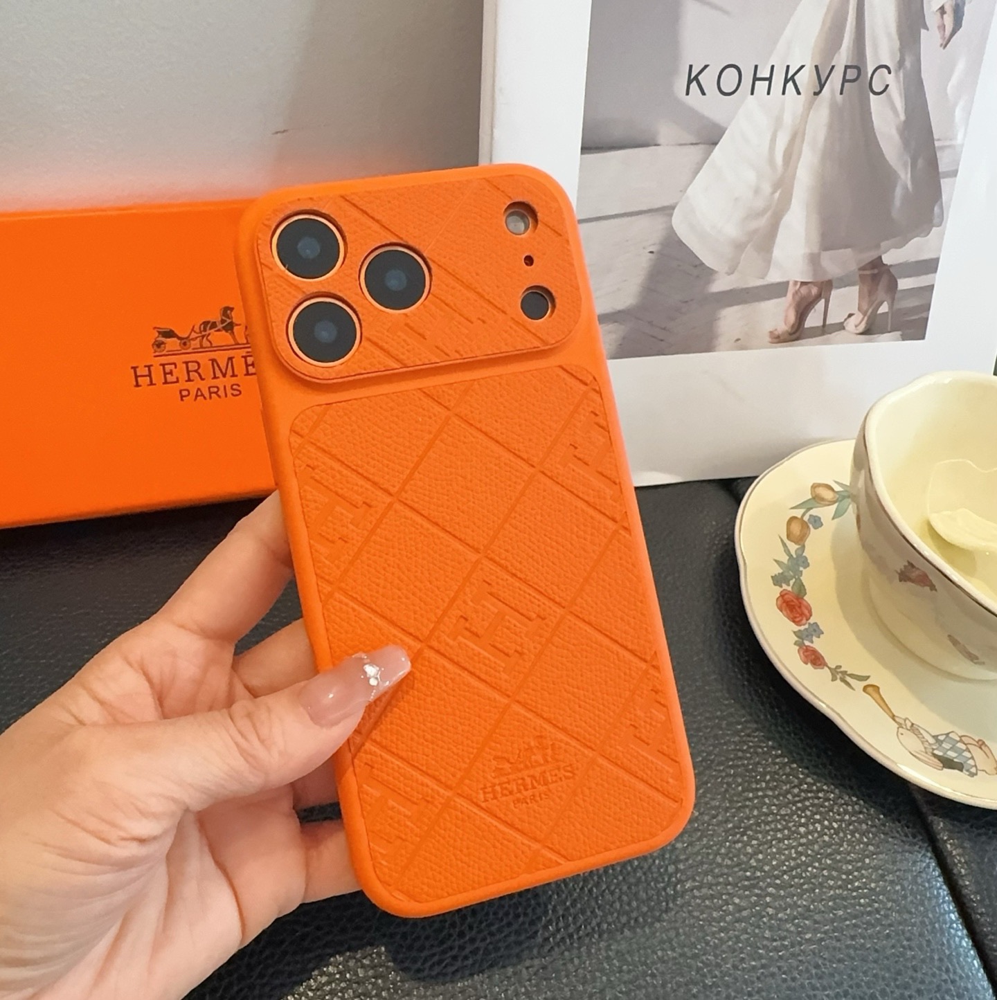 Hermès Style Embossed Leather Texture Full Cover Phone Case