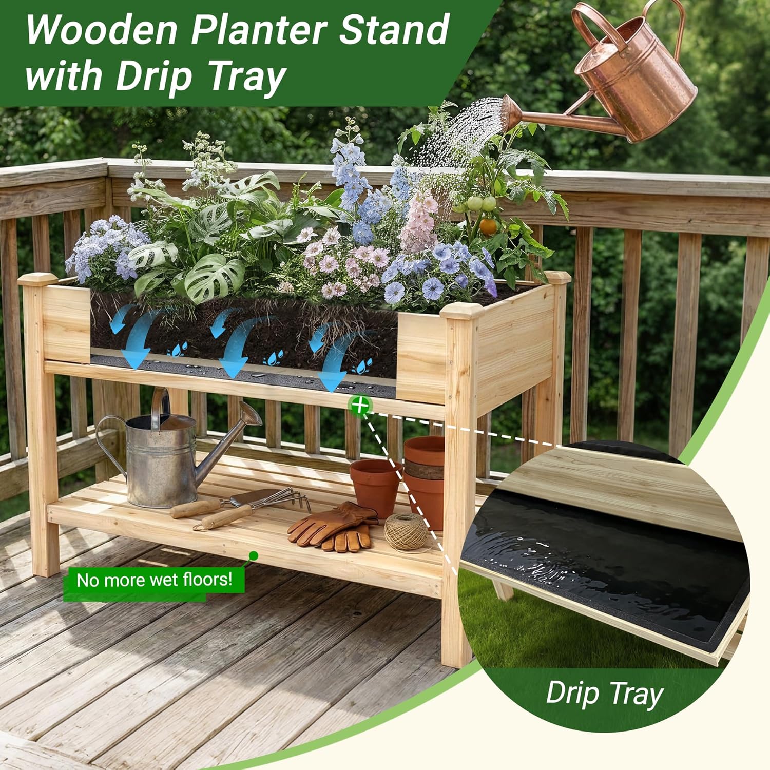 QIHAI Outdoor Wood Raised Garden Bed,Storage Shelf, Elevated Reinforced Large Planter Box for Vegetable Flower Backyard Patio Gardening Balcony,48x23x31.1-inch