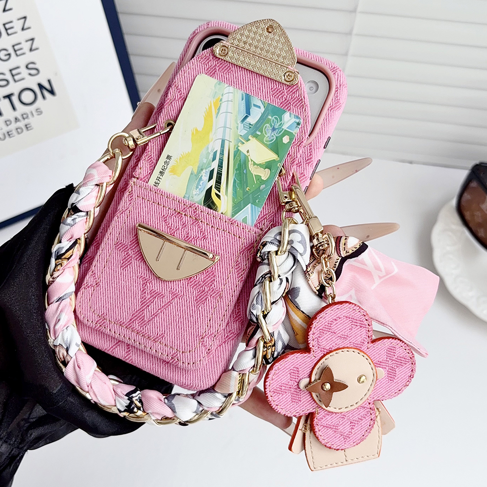 LV Monogram Denim Card Holder Phone Case With Chain Wrist Strap Vivienne Flower Charm