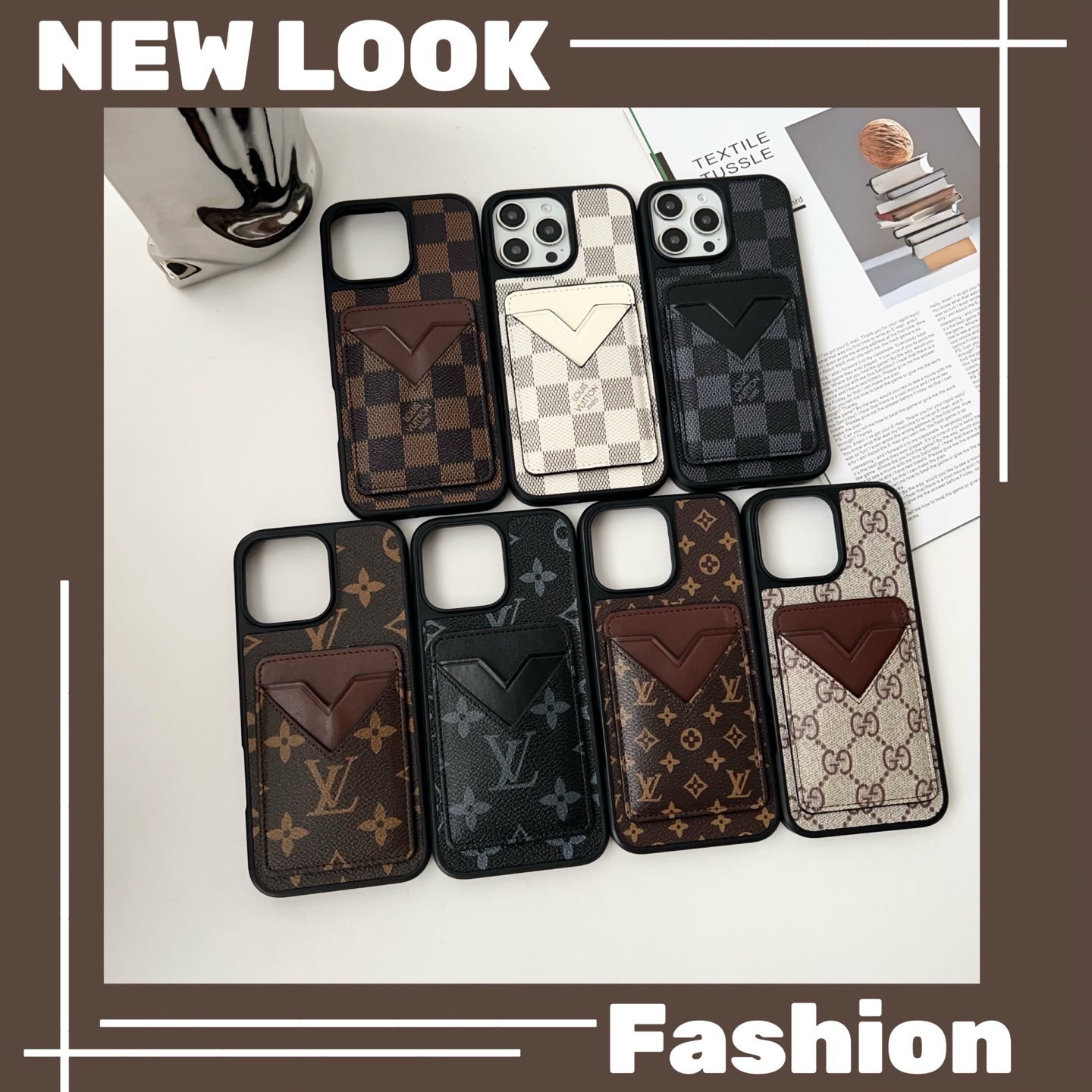 LV & Gucci Carbon Fiber Pattern Phone Case - Premium Material with Leather Finish, V-Shaped Card Holder