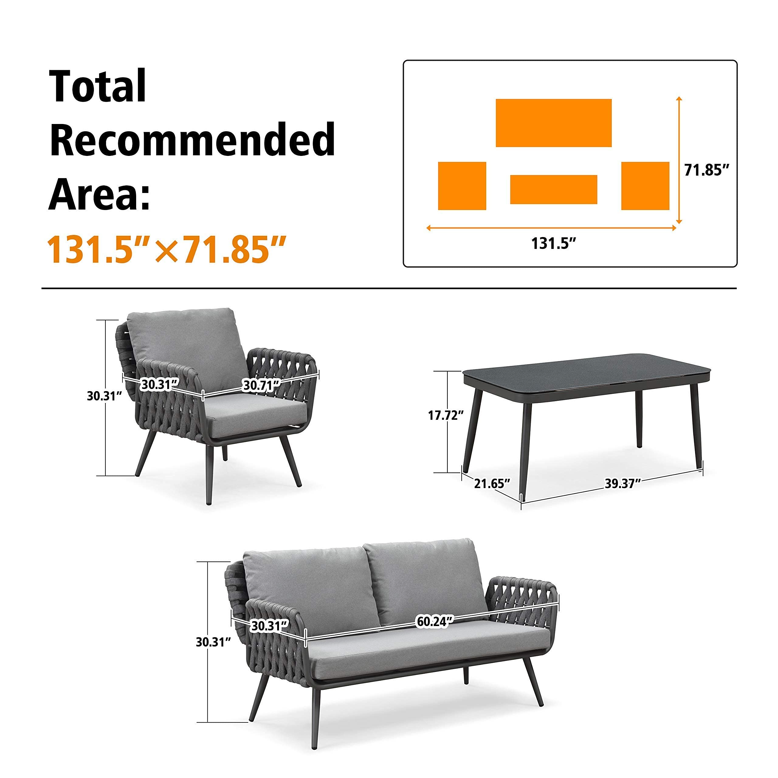 Patio Conversation Set 4 Pcs Aluminum Frame Rope Furniture with