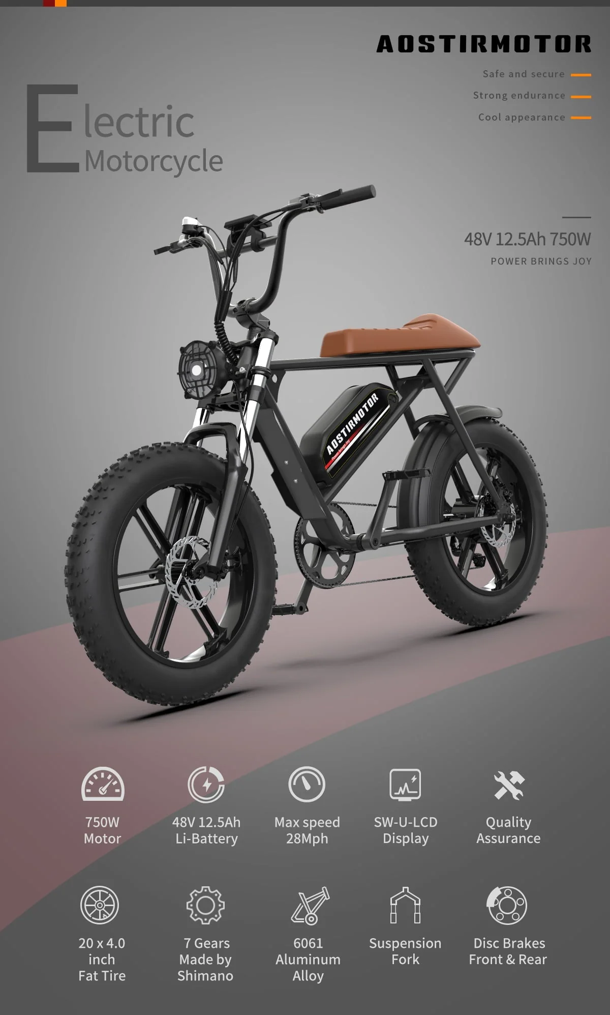 Aostirmotor 20in Fat Tire Electric Bike, 750W, 48V 12.5Ah