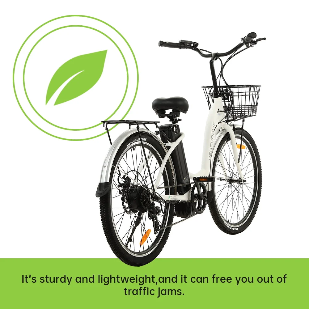 26in Step-Through Electric City Bike with Basket, 350W, 36V 10Ah, White