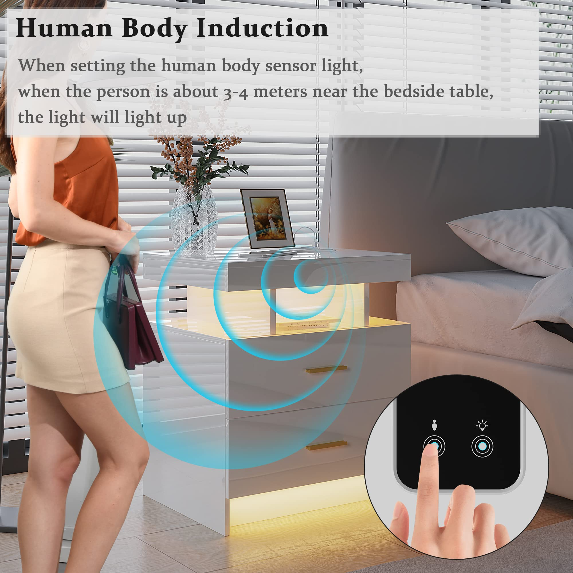 LED White Nightstand with 3 Colors Adjustable 2 USB Ports and