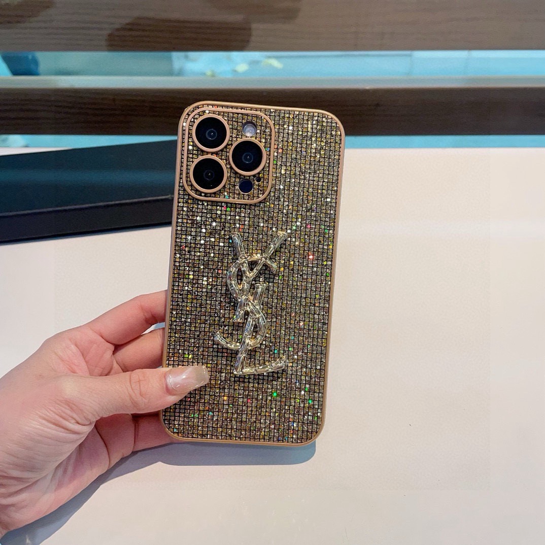 YSL Full Bling Glitter Diamond 3D Metal Logo Luxury Shockproof Phone Case