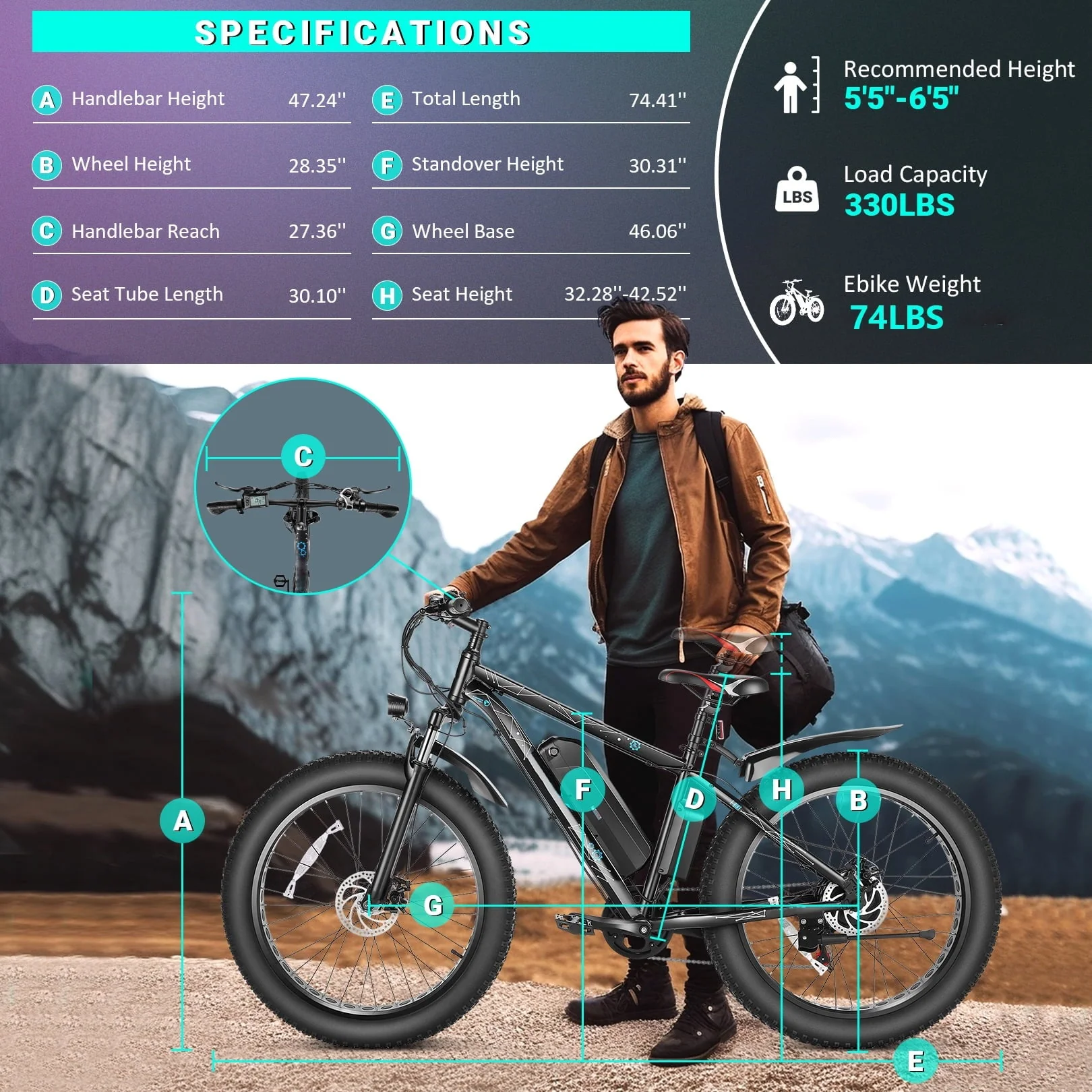 Gocio 26in Fat Tire Electric Mountain Bike, 500W, 48V 13Ah