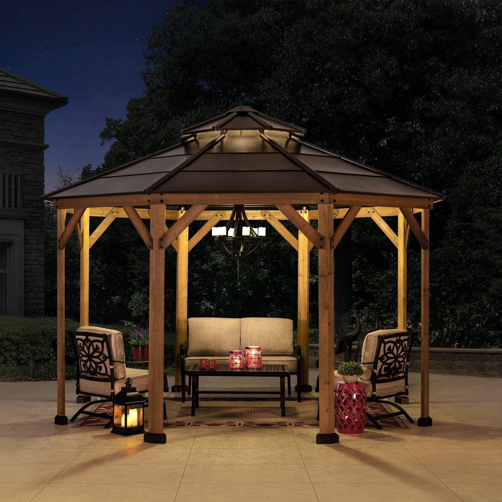 Cedar Framed Octagon Wood Gazebo with Brown Double Tiered Steel