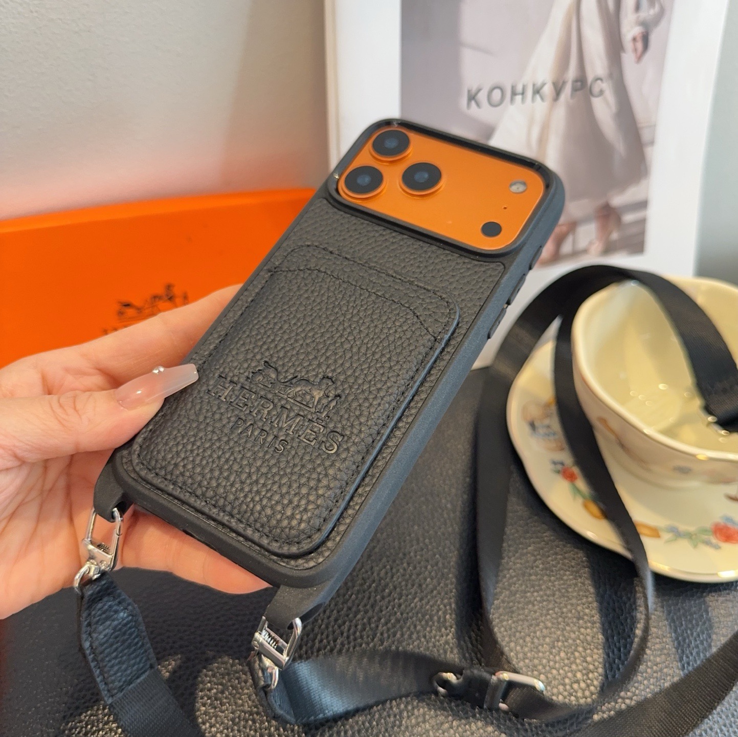 Hermès Paris Embossed Leather Card Pocket Crossbody Luxury Phone Case