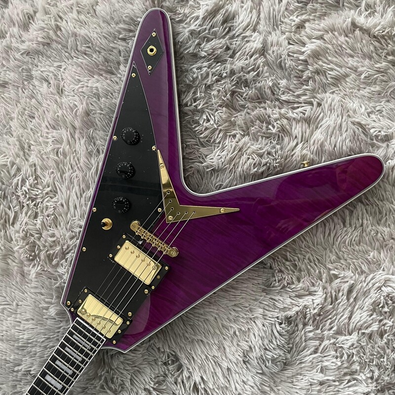 Flying V Electric Guitar Solid Purple Flamed Maple Top Gold Hardware H-H Pickups
